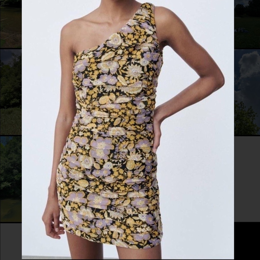 ZARA One Shoulder Metallic Floral Ruched Mini Dress